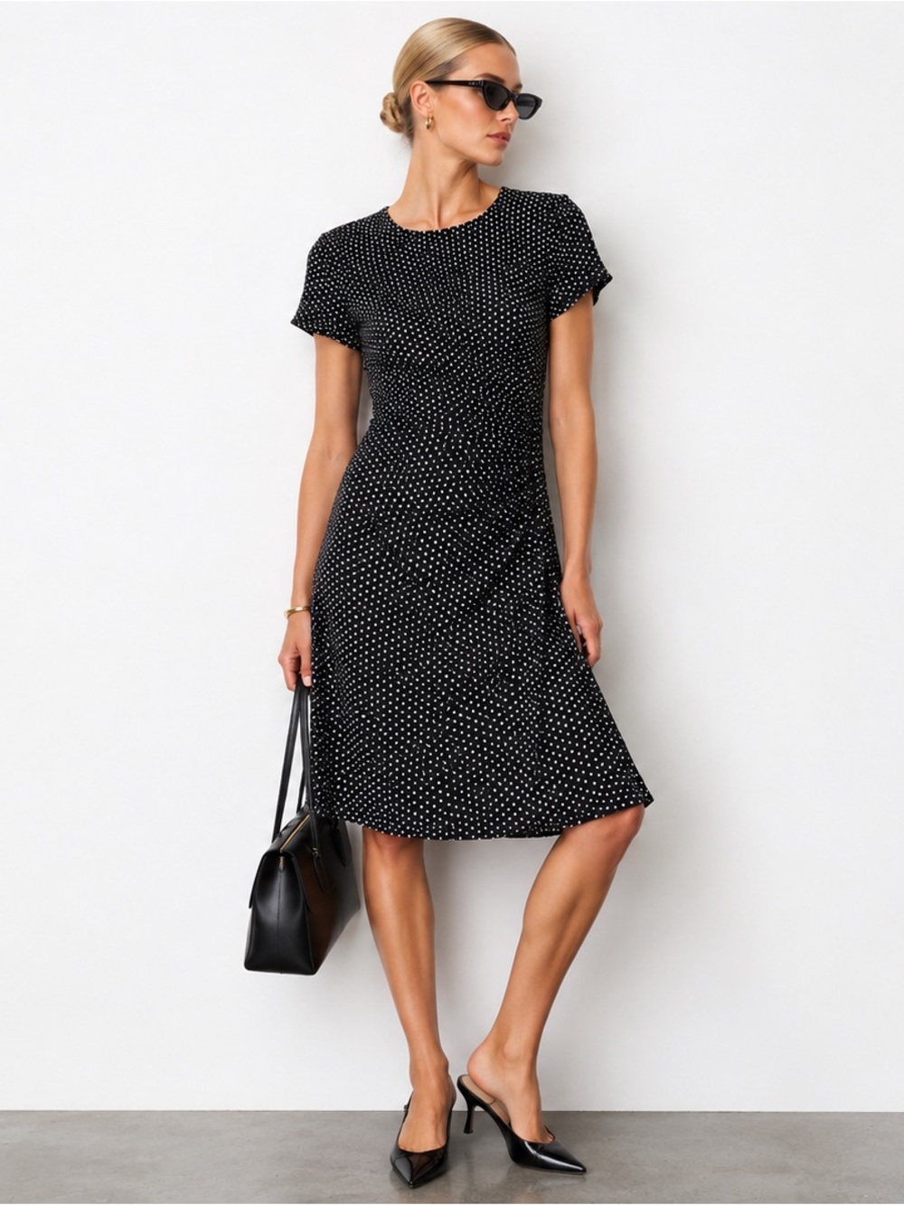 Norma Kamali Black White Polka Dot Ruched Stretch Dress Size Large Minimalist
